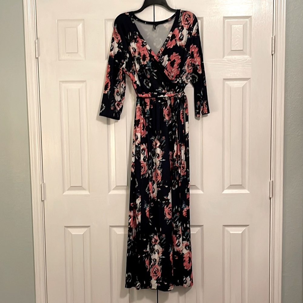 Navy floral knit faux wrap maxi dress